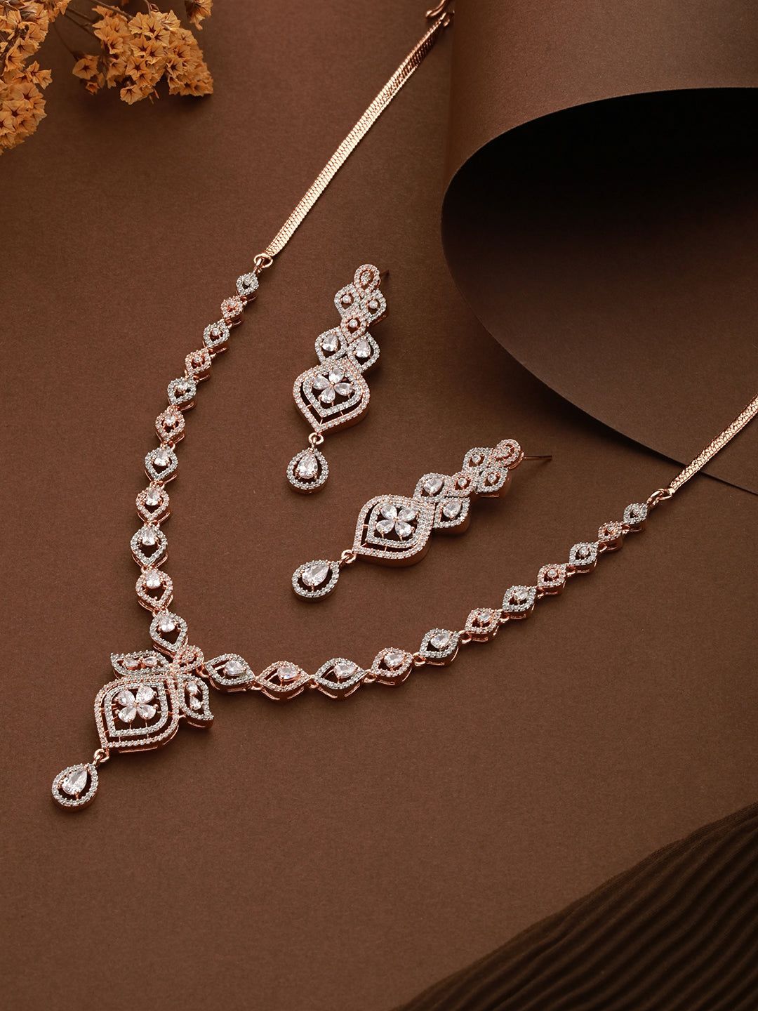 Rose Gold plated Contemporary AD studded Necklace Earrings