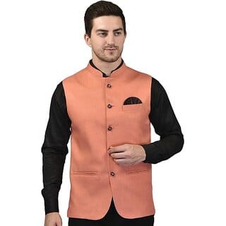 PrintCulture Men Self Design Beige Cotton Blend Nehru Jacket