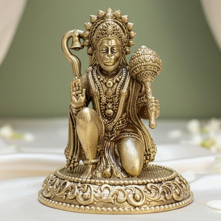 Sukh Sehaj Lord Hanuman Murti | Bajrangbali Murti | Brass Murti | Handcrafted, Antique Yellow Finish, 1.7 Inch Height (Small piece), for Home Temple, Decor, Pooja Ritual and Gifting