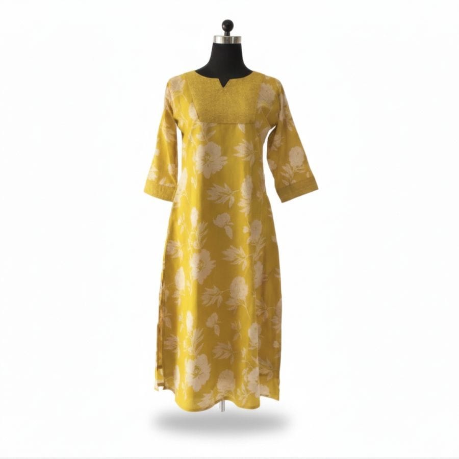 Yellow Floral Printed Cotton Kurta