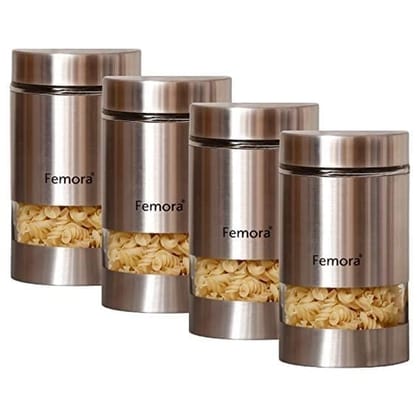 Femora Metallic Clear Glass Kitchen Storage Jars, 1000 ml, Set of 4, Free Replacement of Lids