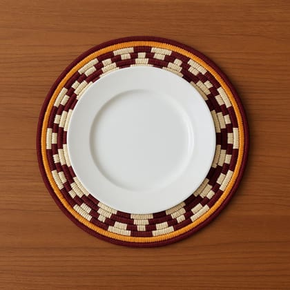 Handmade Circular Coaster - Maroon, White, and Yellow Weave