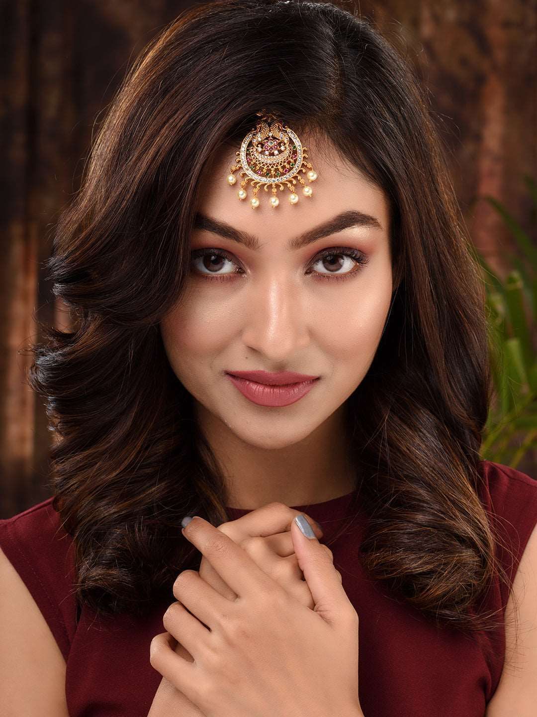 Gold Plated Red & Green AD Studded Maang Tikka