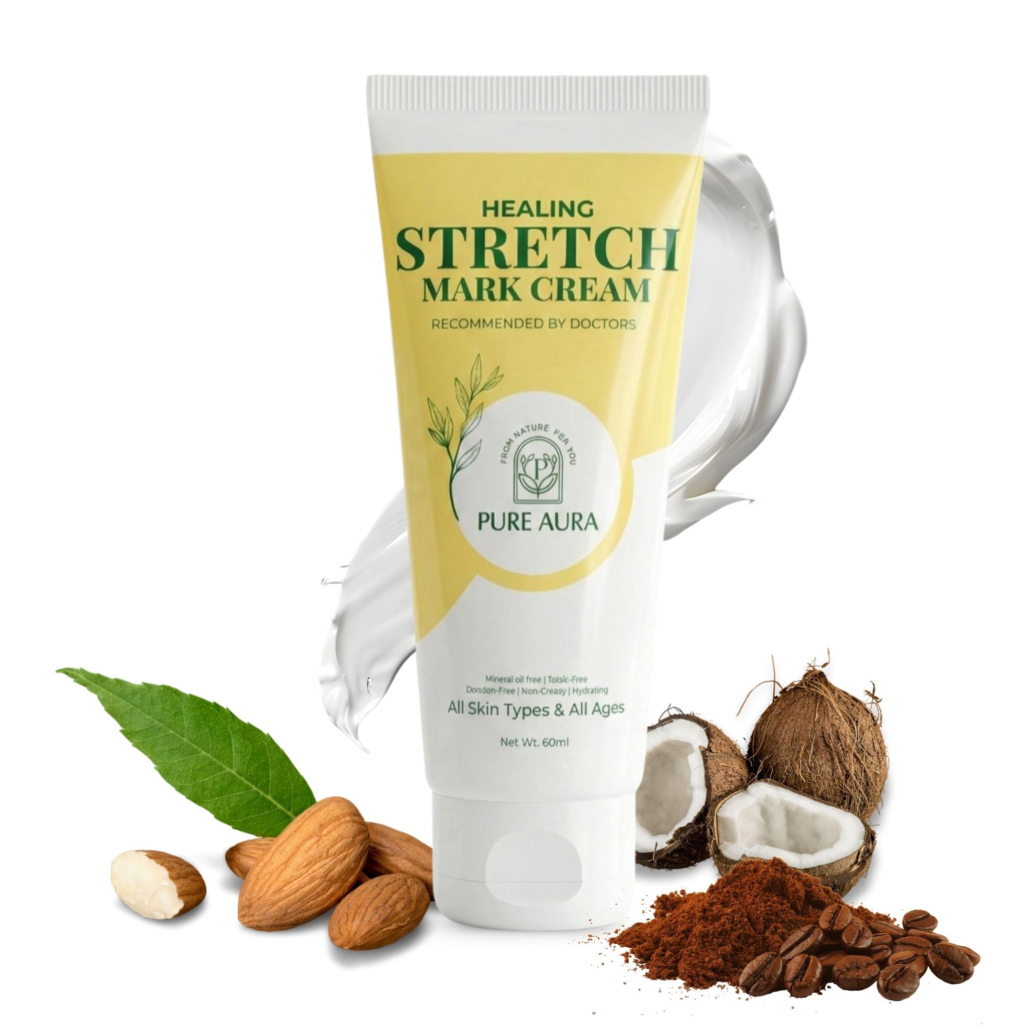 Pure Aura Healing Stretch Mark Cream | Visible Reduction in Stretch Marks in 10 Days | Hydrating Ayurvedic Blend Coconut, Almond & Centella | 60 ml