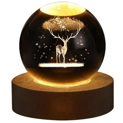 3D Crystal Ball Night Light, Deer Forest Ball Night Lamp with Wooden Base Fantasy Decoration Crystal Ball LED Night Light Bedroom Decor ( Deer )