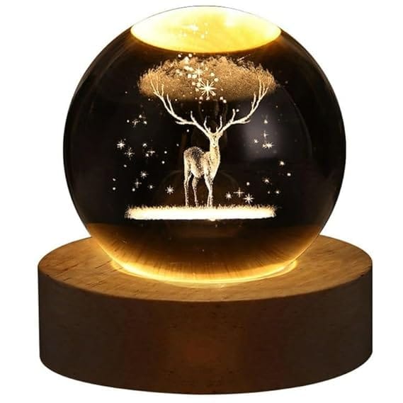 3D Crystal Ball Night Light, Deer Forest Ball Night Lamp with Wooden Base Fantasy Decoration Crystal Ball LED Night Light Bedroom Decor ( Deer )