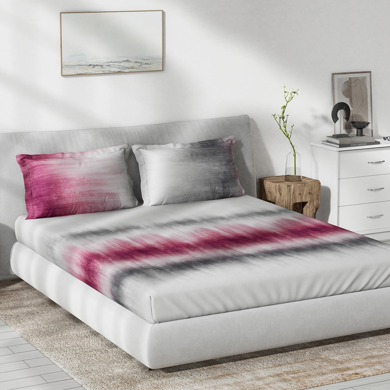 DDECOR - The Prime Collection 100% Cotton Contemporary Pattern 145TC King Bedsheet |229 CM X 274 CM| with 2 Pillow Covers - Wine
