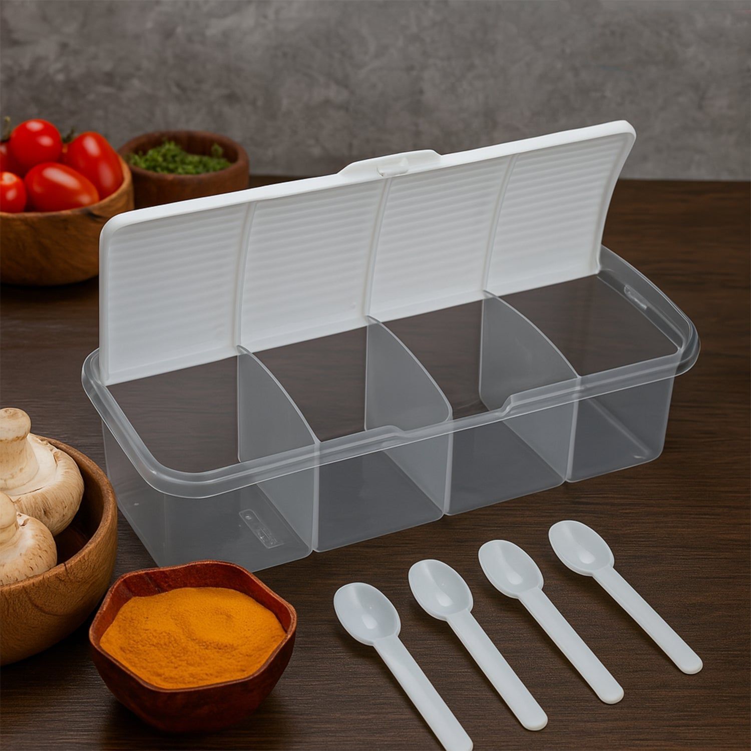 Kitchen Multipurpose Air-tight 4 Sections Storage Containers / Masala Box&nbsp;Pickle (Achar) Jar with 4 spoon for each section (1 Pc / Mix Color)