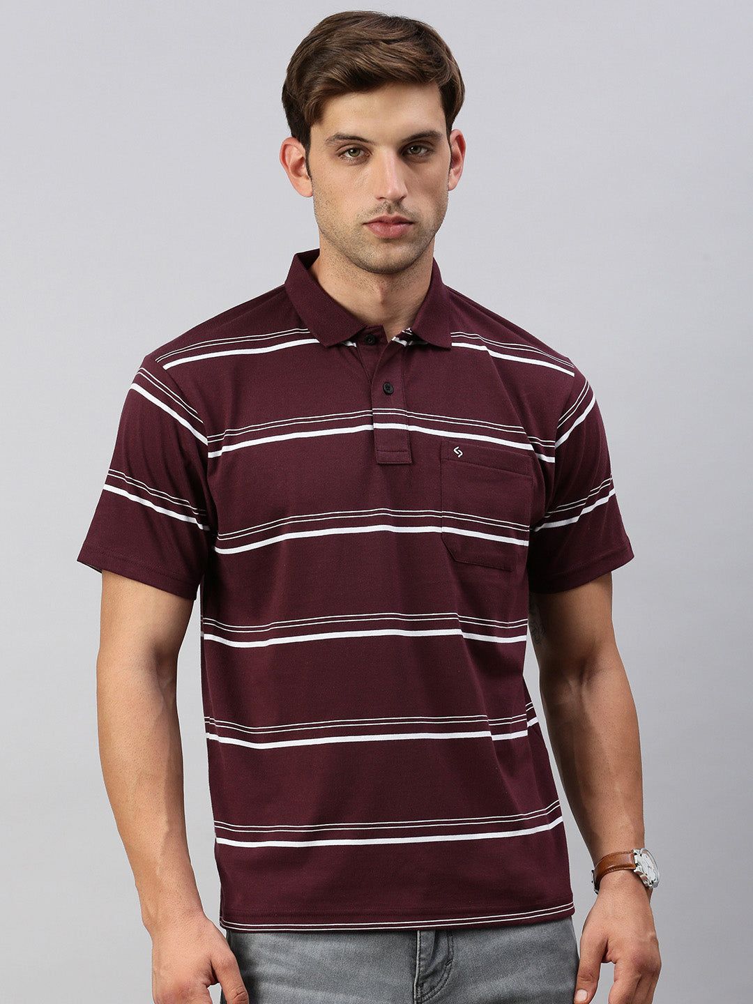 Classic Polo Men's Half Sleeve Burgundy/White Polo Neck Cotton Authentic Fit T Shirt | AVON - 579 A AF P