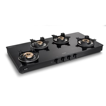 4 Burner Glass Gas Stove with High Flame Brass Burner and Crown Pan Supports (CT1044GTBBBLHFCP) - Manual/Auto Ignition