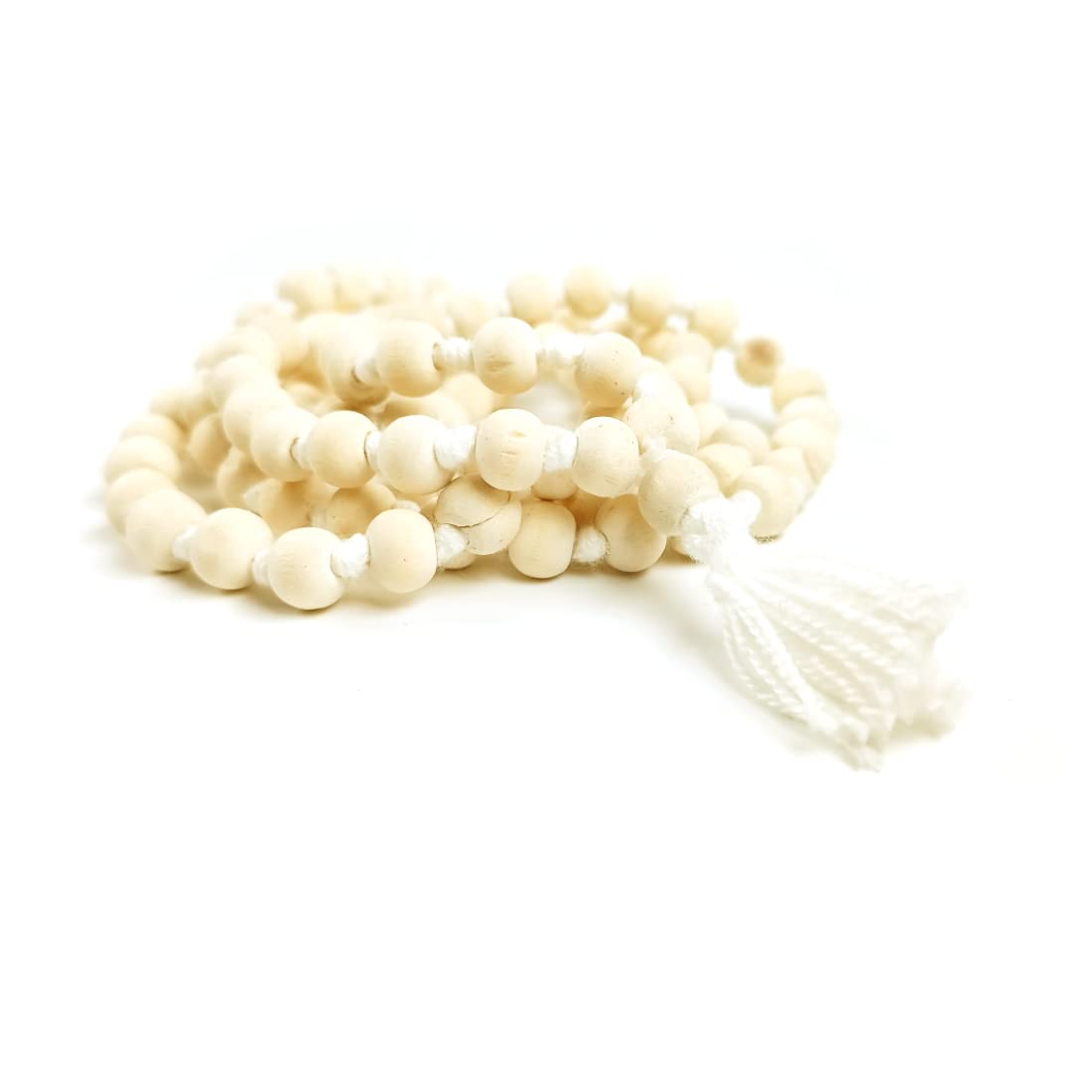 MAYAPURI Pure Tulsi Japa Mala 108 + 1 Beads Original for Daily Mantra Jaap with Tassel/Holy Basil Chanting Beads, Rosary Round Mala with Tight Knottedm, Adults Unisex (Pack of 1), White