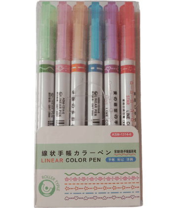 2360 YESKART- 6 PC  Highlighter Pen Set, Linear Roller Color Pens, Dual Tip Pens with 6 Different Shapes Fine Tips, Colorful Pattern -