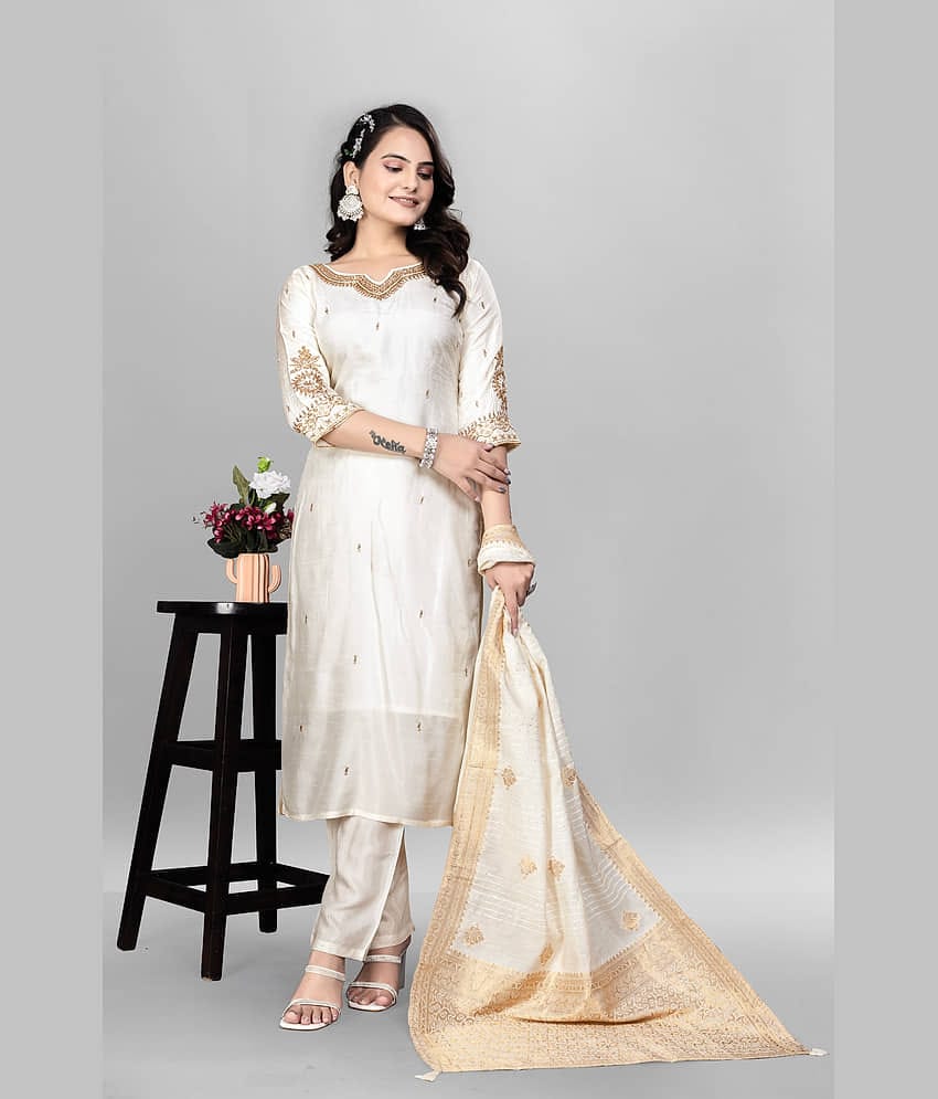 Devakii Viscose Embellished Kurti With Pants Women's Stitched Salwar Suit - White ( Pack of 1 )