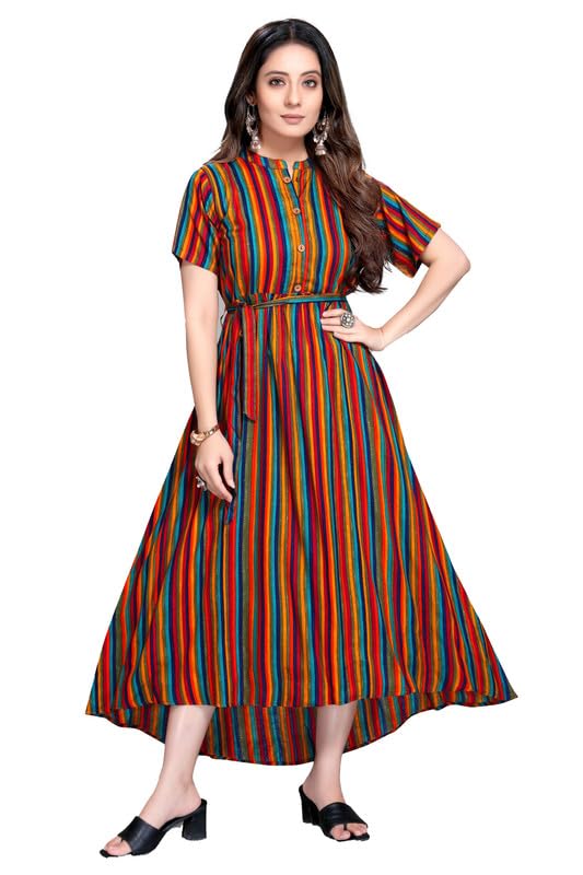Women's Casual 3/4 Sleeve Viscose Rayon Strip Kurti (Multicolor, S)-PID46375