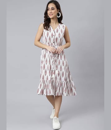 Janasya Women Cotton Printed A-line Dress ( White )