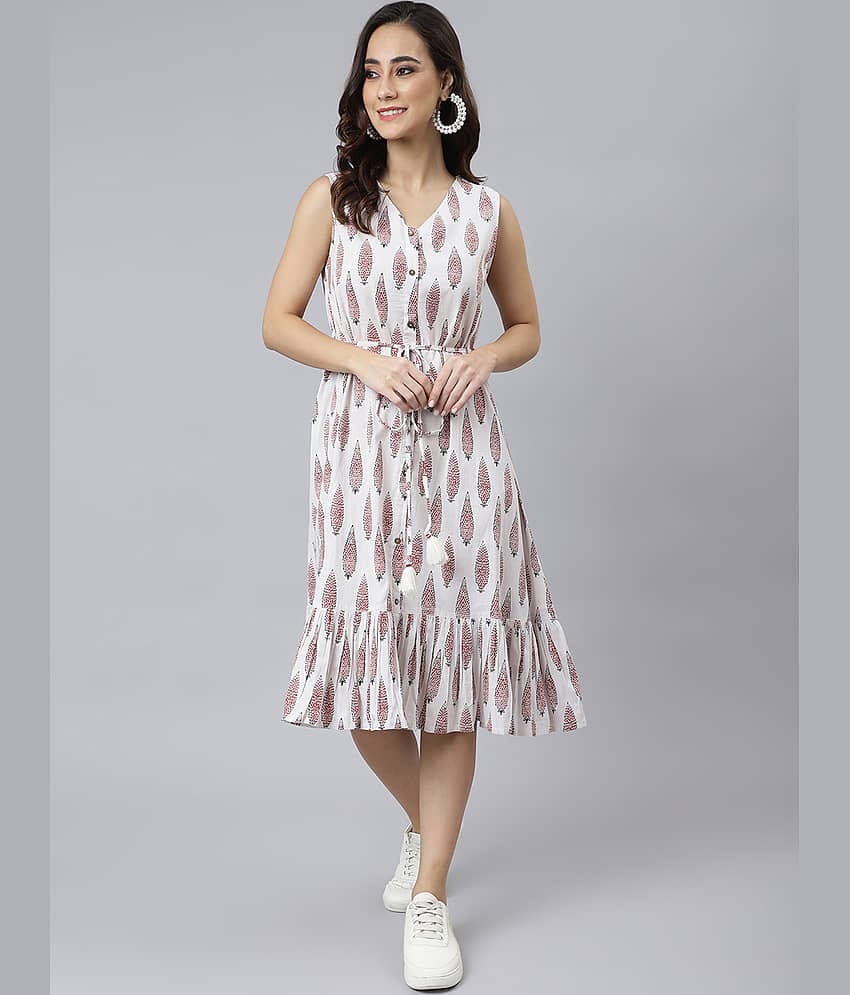 Janasya Women Cotton Printed A-line Dress ( White )