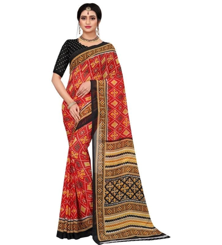 Women's Georgette Floral Print Saree With Unstitched Blouse 5.5Mtr (Red)-PID54782