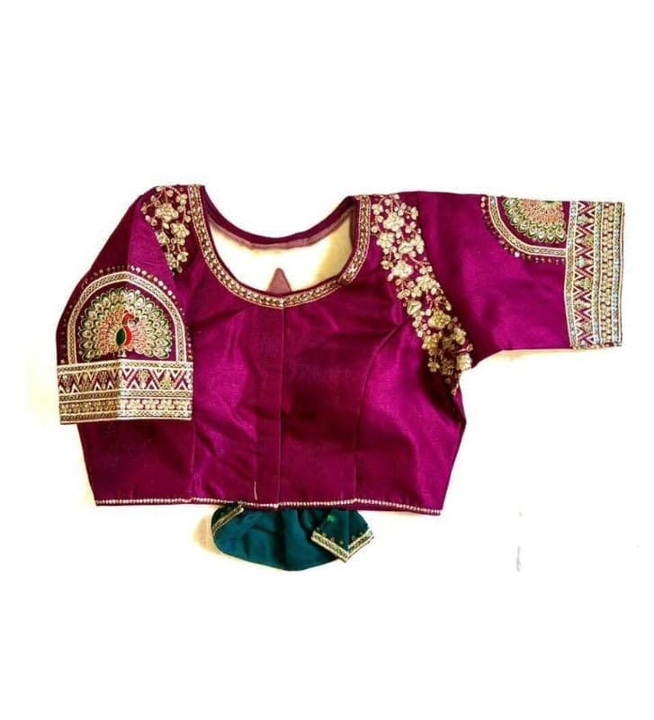 Women's Shining Silk Sequance Round Neck Short Sleeve Readymade Blouse (Wine, Free Size)-PID57771