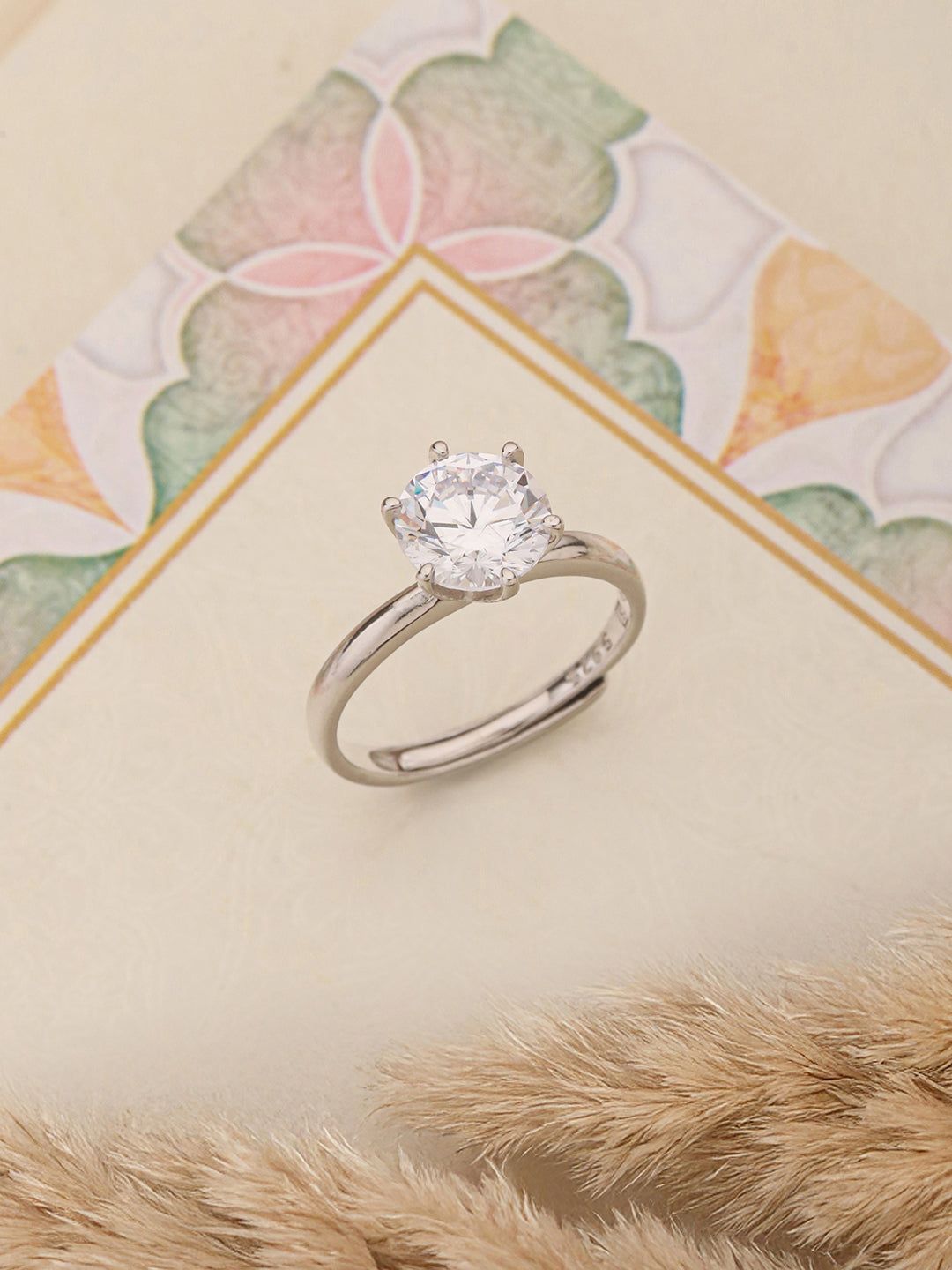 925 Sterling Silver AD Studded Solitaire Engagement Adjustable Finger Ring