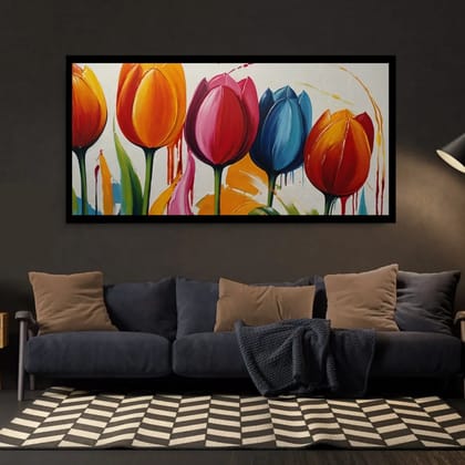 Luminary Colorful Tulip Harmony – Modern Abstract flowers Painting On Museum-Quality Cotton Canvas for Living Room Décor | Frame Size (127 X 69 Cm) | Frame Type (Black) | 5-Year Warranty