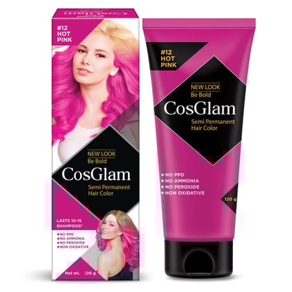 COSGLAM Semi Permanent Hair Color, No Peroxide, Non Oxidative, Ammonia Free Hair Colour 12 Hot Pink - 120gm