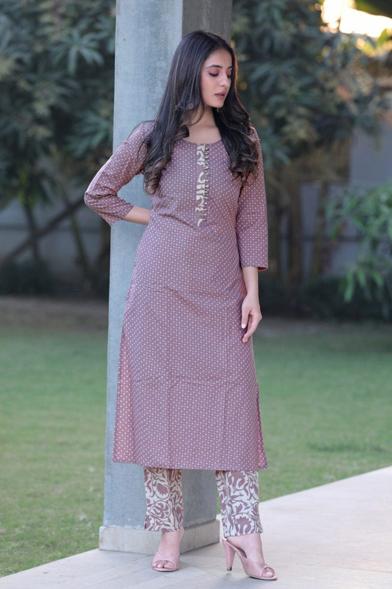 Mauve Cotton Dot Printed Kurta Set VKSET1113