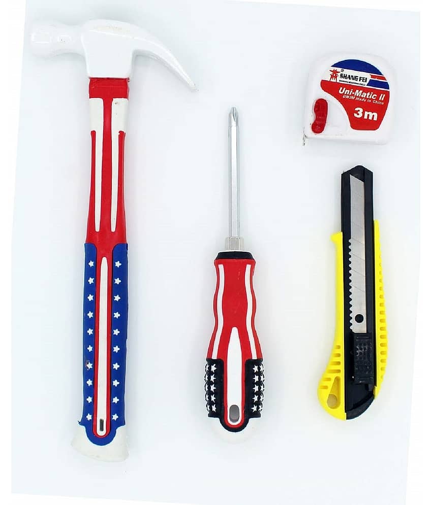 Saykhus 4pc Hand Tool Kit (Hammer,2 in1 Screwdriver,3 Mtr Measuring Tape & Cutter)