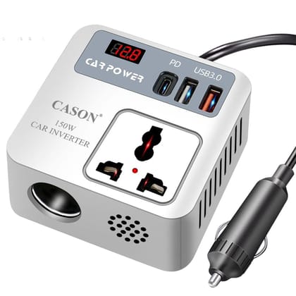 Cason 150W Car Laptop Charger/Power Inverter with 2 USB (3.1A Max) + 1 C Type Smart USB Charging Ports, 12V DC to 220V AC, 2X Universal AC Outlet Cason 150W Car Laptop Charger/Power Inverter with 2 USB (3.1A Max) + 1 C Type Smart USB Charging Ports, 12V 