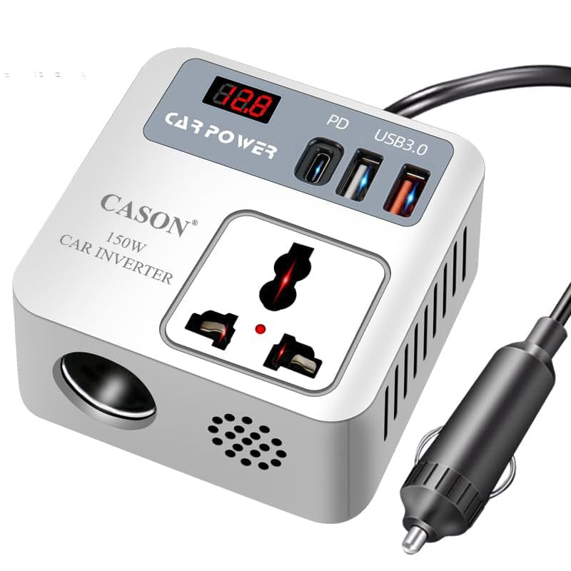 Cason 150W Car Laptop Charger/Power Inverter with 2 USB (3.1A Max) + 1 C Type Smart USB Charging Ports, 12V DC to 220V AC, 2X Universal AC Outlet Cason 150W Car Laptop Charger/Power Inverter with 2 USB (3.1A Max) + 1 C Type Smart USB Charging Ports, 12V