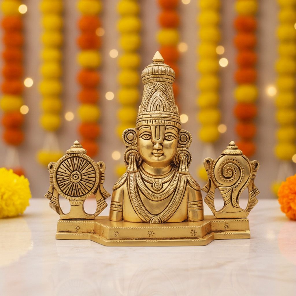 Handcrafted Brass Tirupati Balaji Idol | Hindu God Murti, Height : 8.5 Inch (BSMAS1420 B)