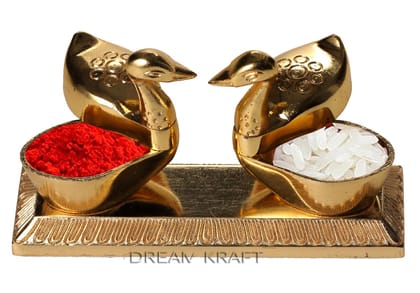 DreamKraft Metal Loving Bird Duck Chopda Pair with Kumkum Roli Rice Box (Gold, Standard) - 10 Pieces