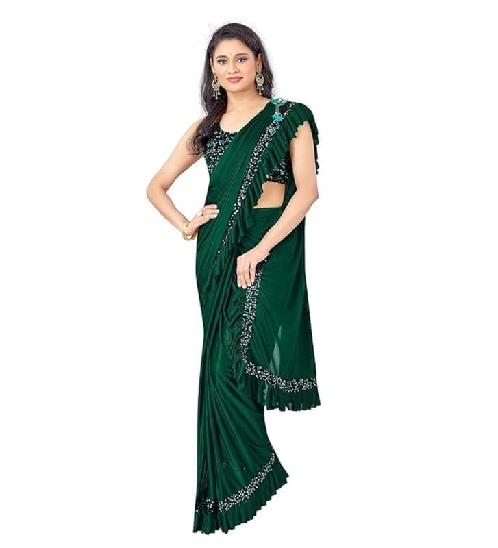 Women's licra Solid Saree With Unstitched Blouse (Green)-PID53555