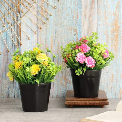 Foliyaj Set of 2 Artificial Plants with Pink and Yellow Roses
