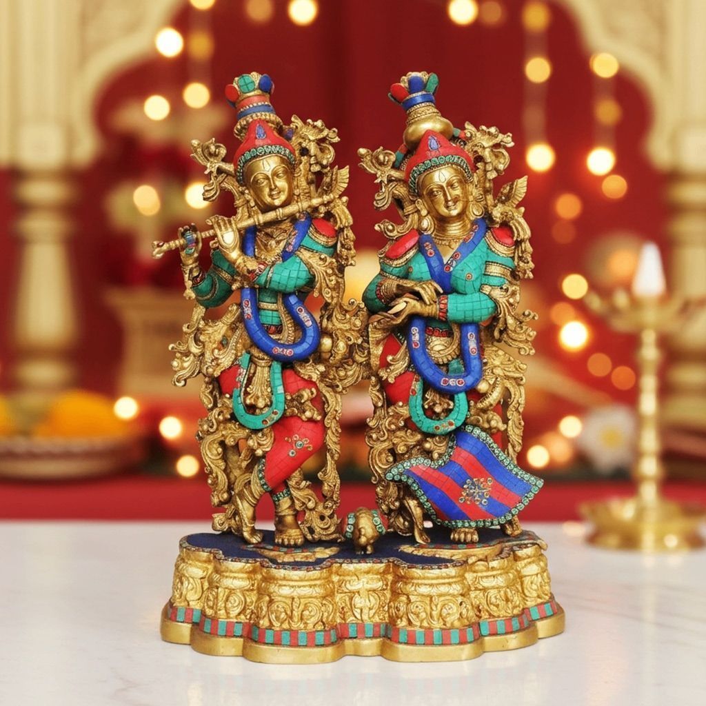 Brass Radha Krishna Same Base Idol - Big Stone Work Statue, Height : 28 Inch (BSMAS425)