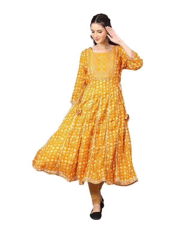 Women's Casual 3/4 Sleeve Cotton Blend Printed Kurti (Yellow, L)-PID46400