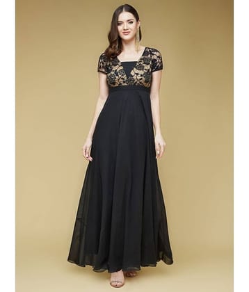 Life with Pockets Women Georgette Printed Fit & Flare Dress ( Black )