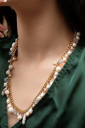 SMITAM JEWELS Ivory Charm Pearl Necklace with Baroque Shell Pearls and Crystal Accents