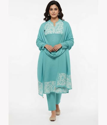 WOOL'S KART Women Woollen Printed A-line Kurti With Palazzo ( Blue )