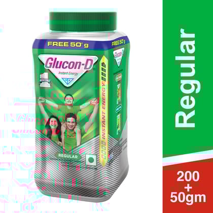 Glucon-D Regular Glucose Powder(200G+50G, Jar)| For Tasty Glucose Drink| Provides Instant Energy| Vitamin D2 Supports Immunity