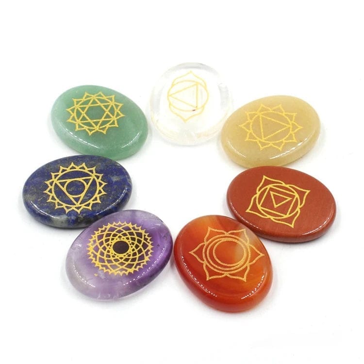7 Chakra Oval Stones Set Natural Healing Crystal with Engraved Symbols Worry StoneTherapy Excellent Aid Anxiety Orgone Treatment