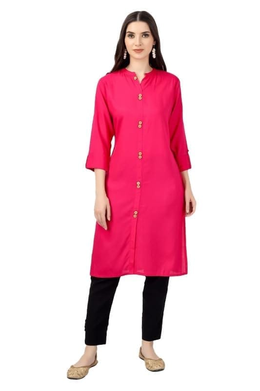 Women's Solid Calf Length Rayon Kurti (Pink, S)-PID46328