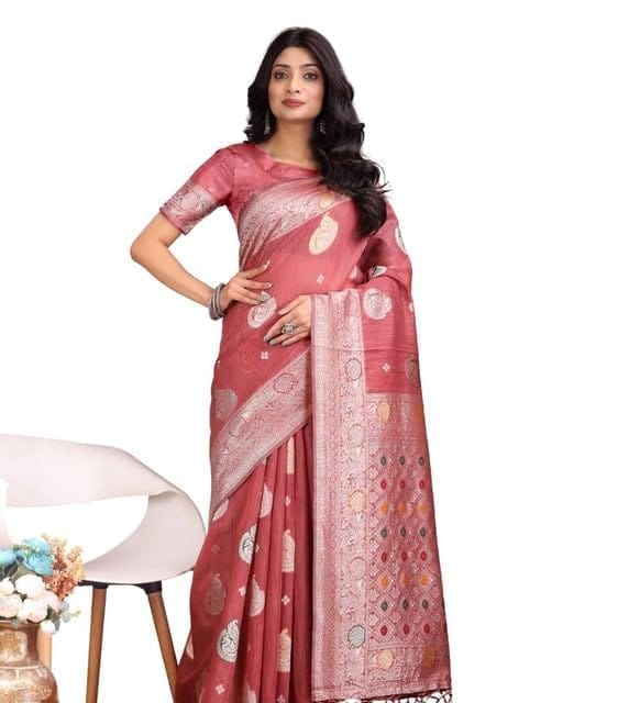DARSHANS Women's Linen Cotton Printed Saree With Unstitched Blouse 5.5Mtr (Pink)-PID65241