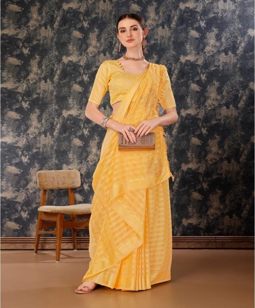 Women's Chiffon Fabric Line Saree with Unstitched Blouse (Yellow, 5-6 Mtrs)