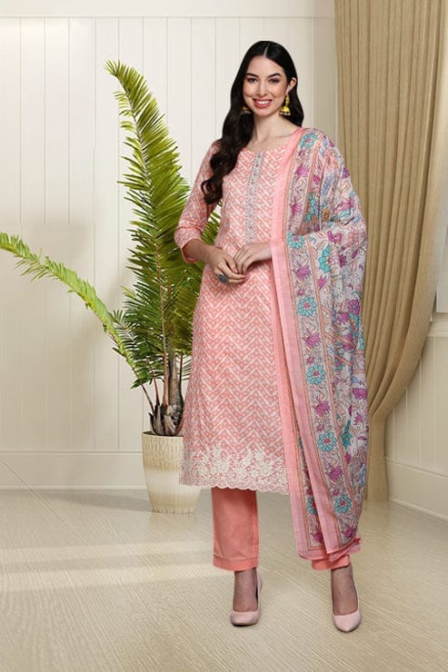 Cotton Peach Printed Straight Kurta Pant With Dupatta VKSKD1907