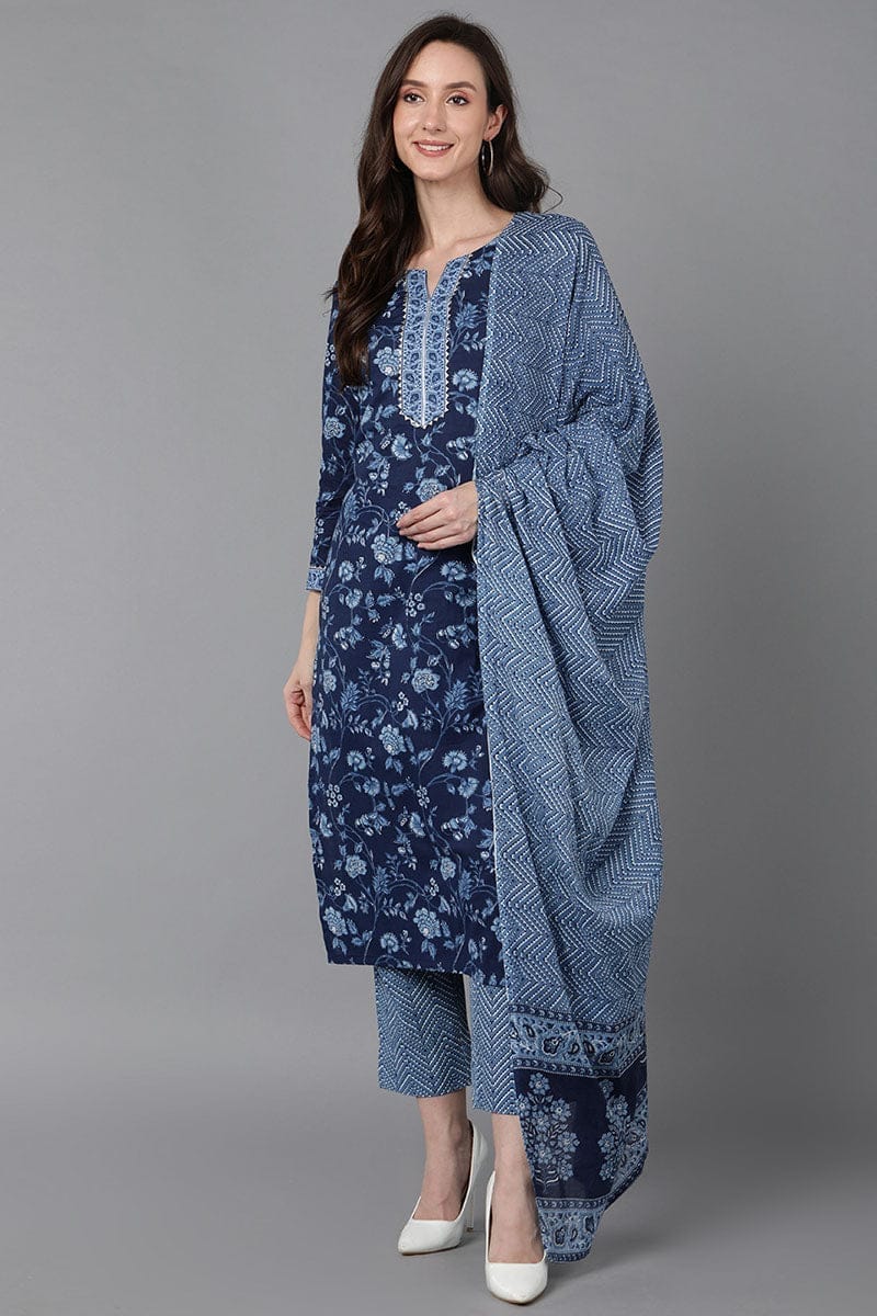 Blue Cotton Straight Kurta Pant With Dupatta VKSKD1632