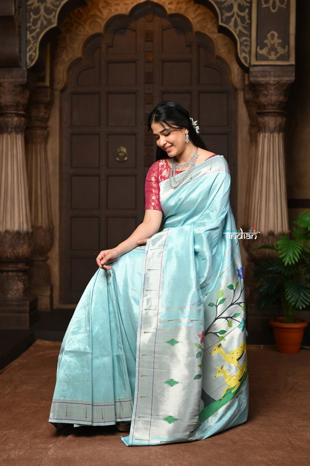Parampara ~ Pure Silk Paithani with Munia Border, Silver Zari & Divine Deer Pallu in Powder Blue