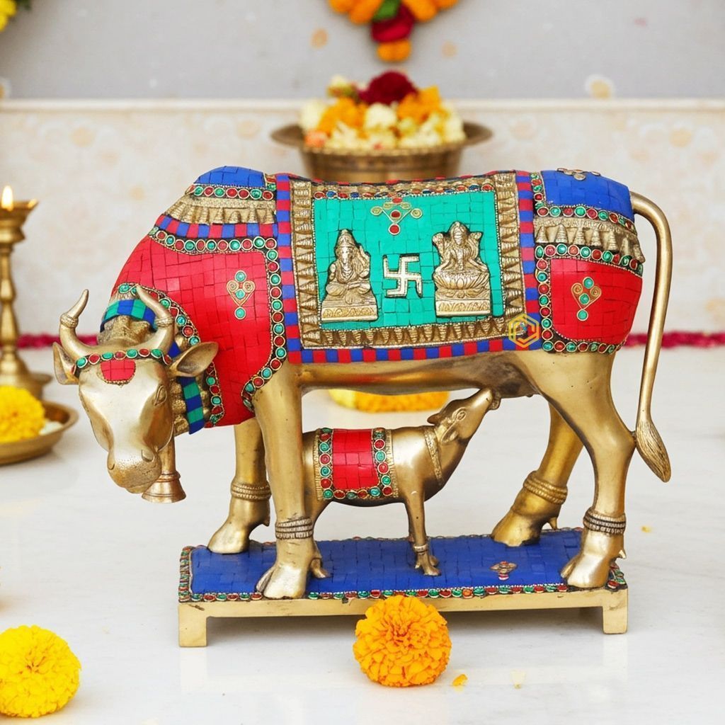 Brass Cow & Calf Stone Showpiece - Handcrafted Decor, Height : 13 Inch (BSMAS804 B)