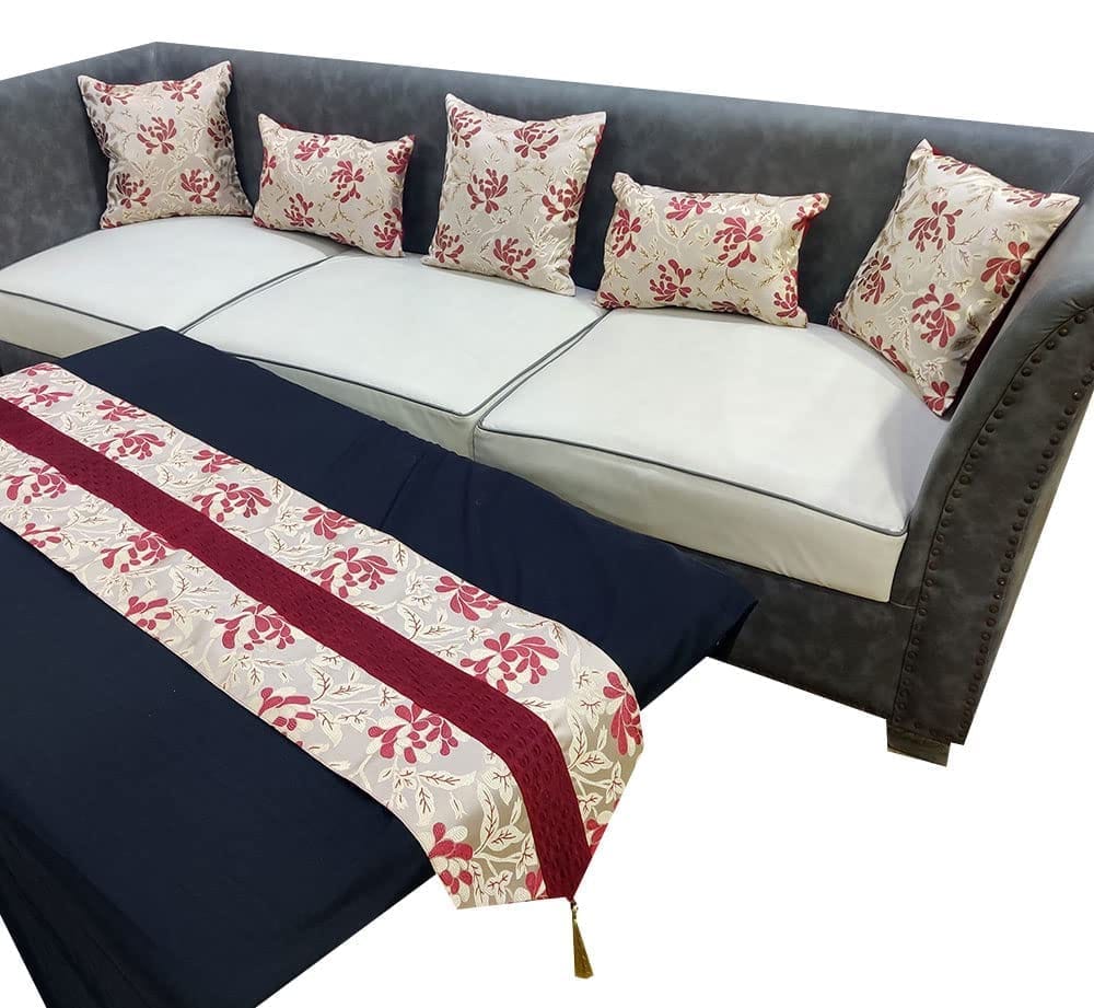 Maroon White Damask Woven 3 Square 2 Rectangle Cushion Covers and 1 Table Runner Combo Luxury Modern Pillow Cover for Sofa Living Room Bedroom |16X16 Inch I12X18Inch I12 X 59 Inch Table Runner