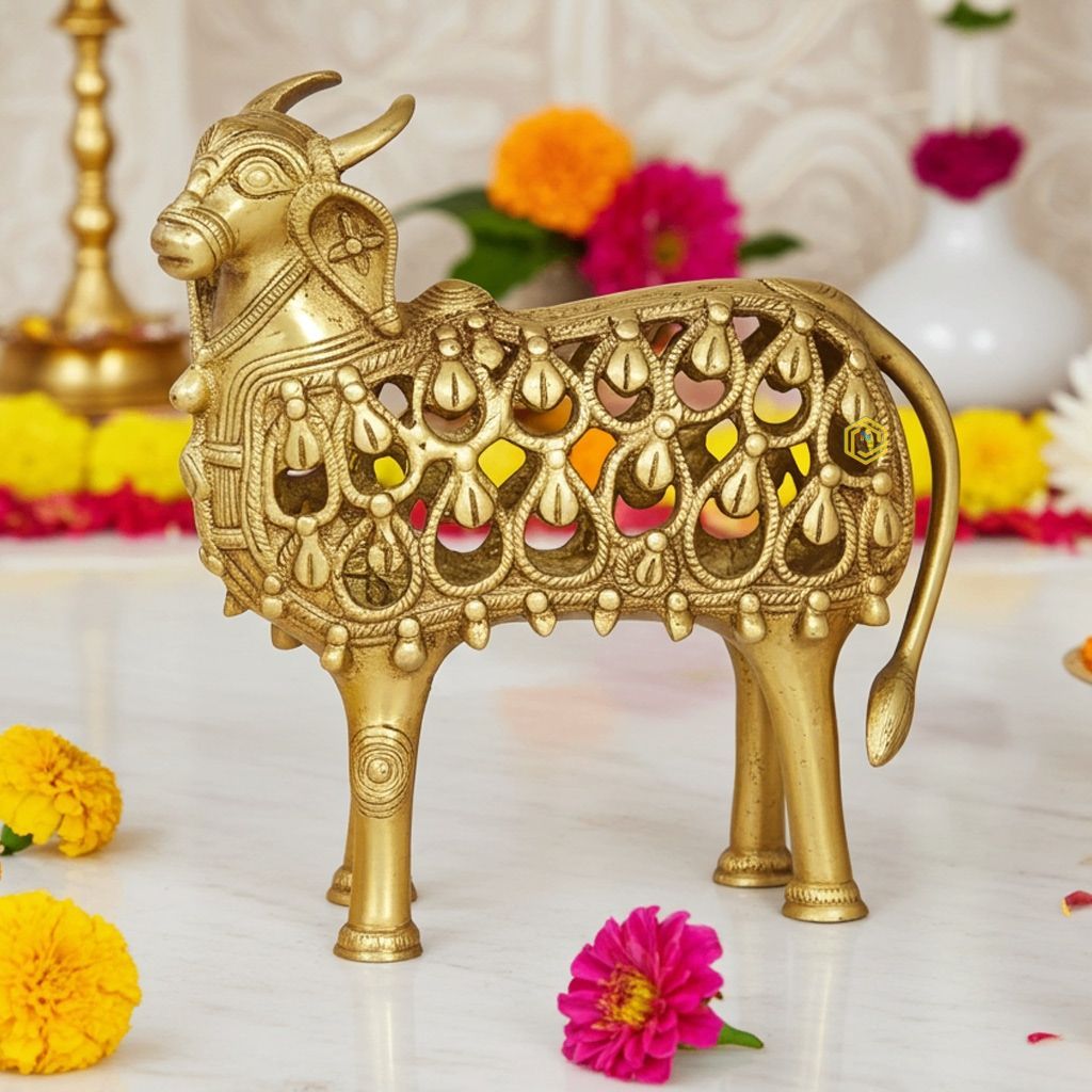 Brass Cow & Calf Statue - Traditional Indian Art, Height : 8 Inch (BSMAS1513 A)