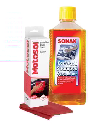 SONAX Car Wash Shampoo Concentrate 250ml + Microfiber Cloth Exterior Care | Cleaning Combo | High-Foam, Paint-Safe Formula | Wash, Gloss, Deep Shine | Microfibre cloth for drying car | Cleaning kit